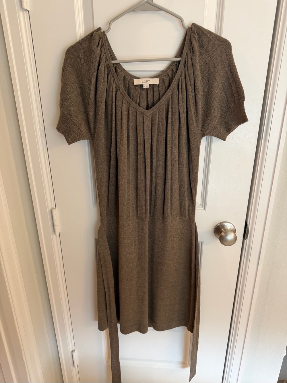 LOFT Olive-Brown Pleated V-Neck Knit Dress with Side Ties